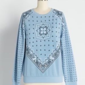 Modcloth Fade Denim Blue Bandana Graphic Sweatshirt Soft Fleece Cotton Crew Neck